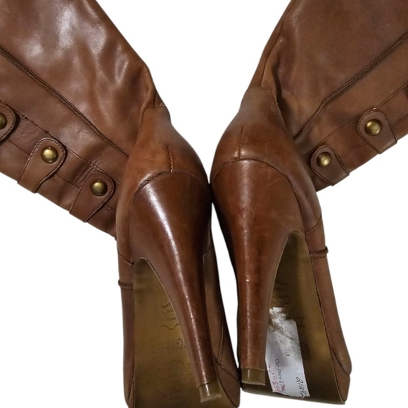 ZIGIGirl Soft Brown Genuine Leather Military Button Detail Platform Tall Boots - Picture 11 of 16